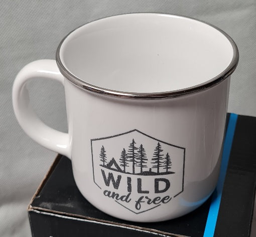 Kaffeebecher Emaille-Optik ca. 350 ml weiß silberner Rand (A)