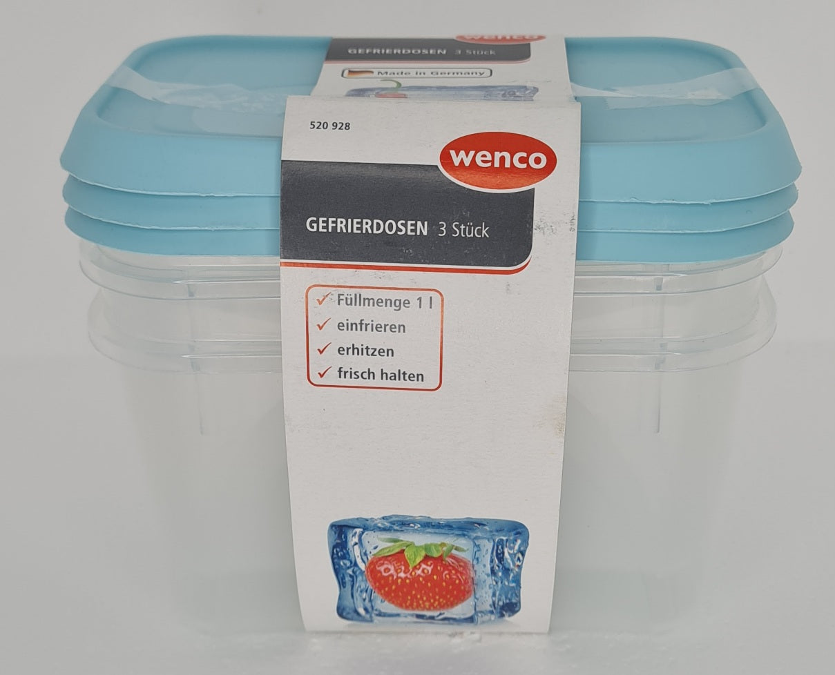 Wenco Gefrierdosen 1 l 2 Stueck mit 3 Deckeln, transparent/blau (B)