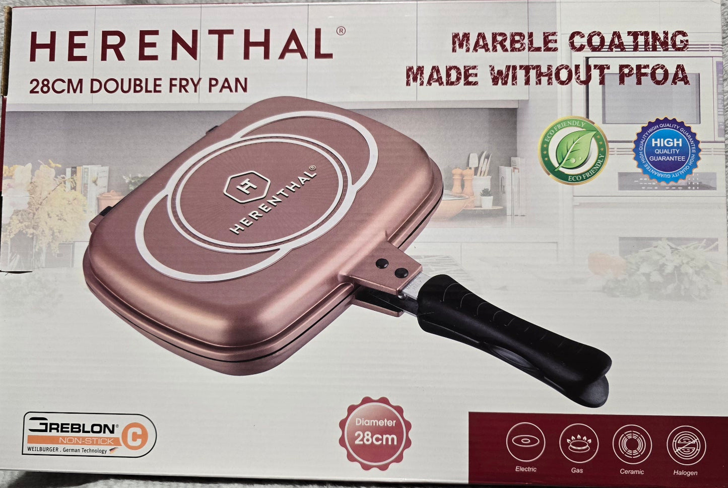 Herenthal Doppel Grillpfanne Ø 28 cm Marmorbeschichtung mit Antihaftschicht