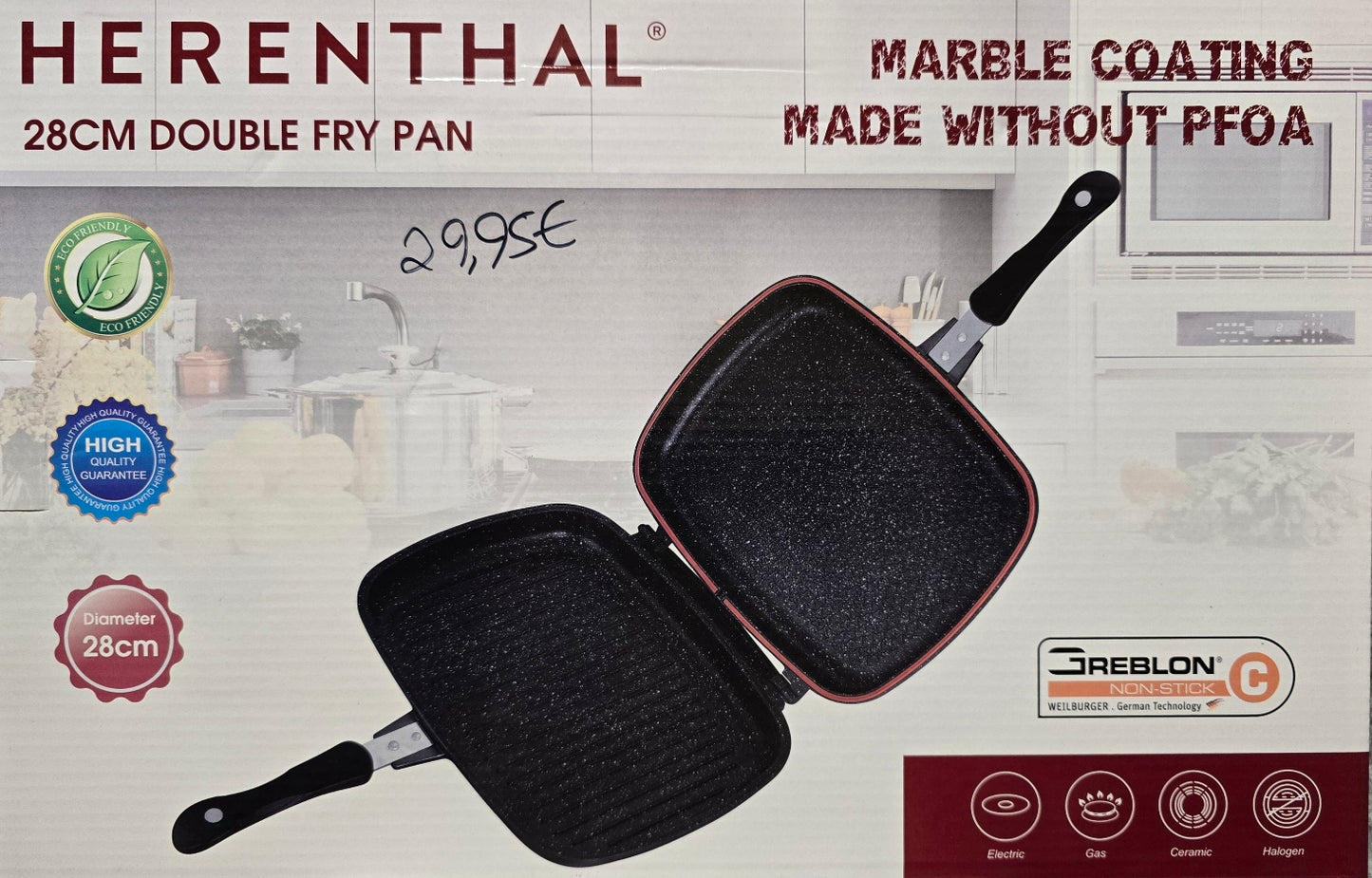 Herenthal Doppel Grillpfanne Ø 28 cm Marmorbeschichtung mit Antihaftschicht