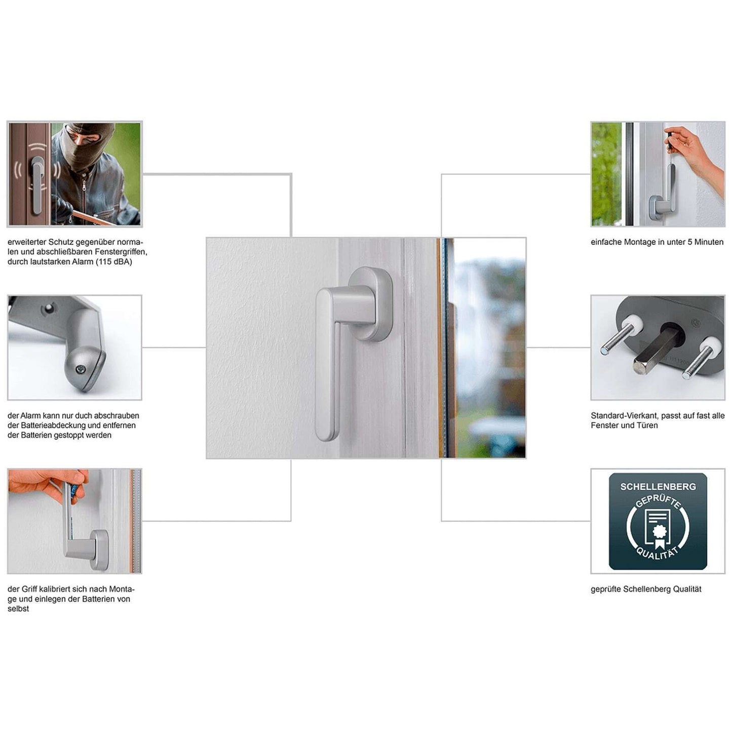 SCHELLENBERG Sicherheits Fenster- Balkongriff Alarmsystem 115dB VdS geprüft 37mm