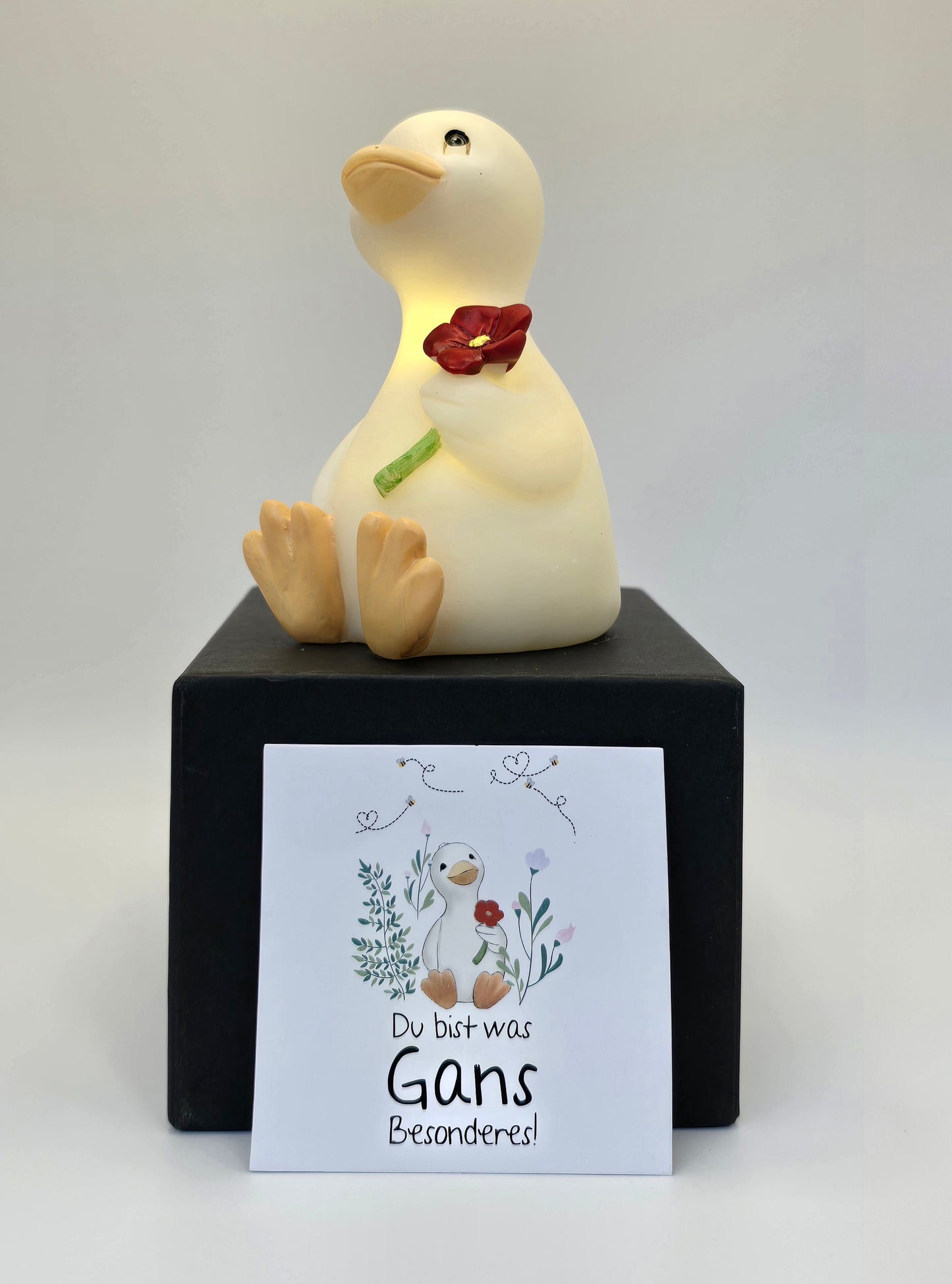 Kleine Gans "Berta" mit LED mit Grußkarte in Geschenkbox