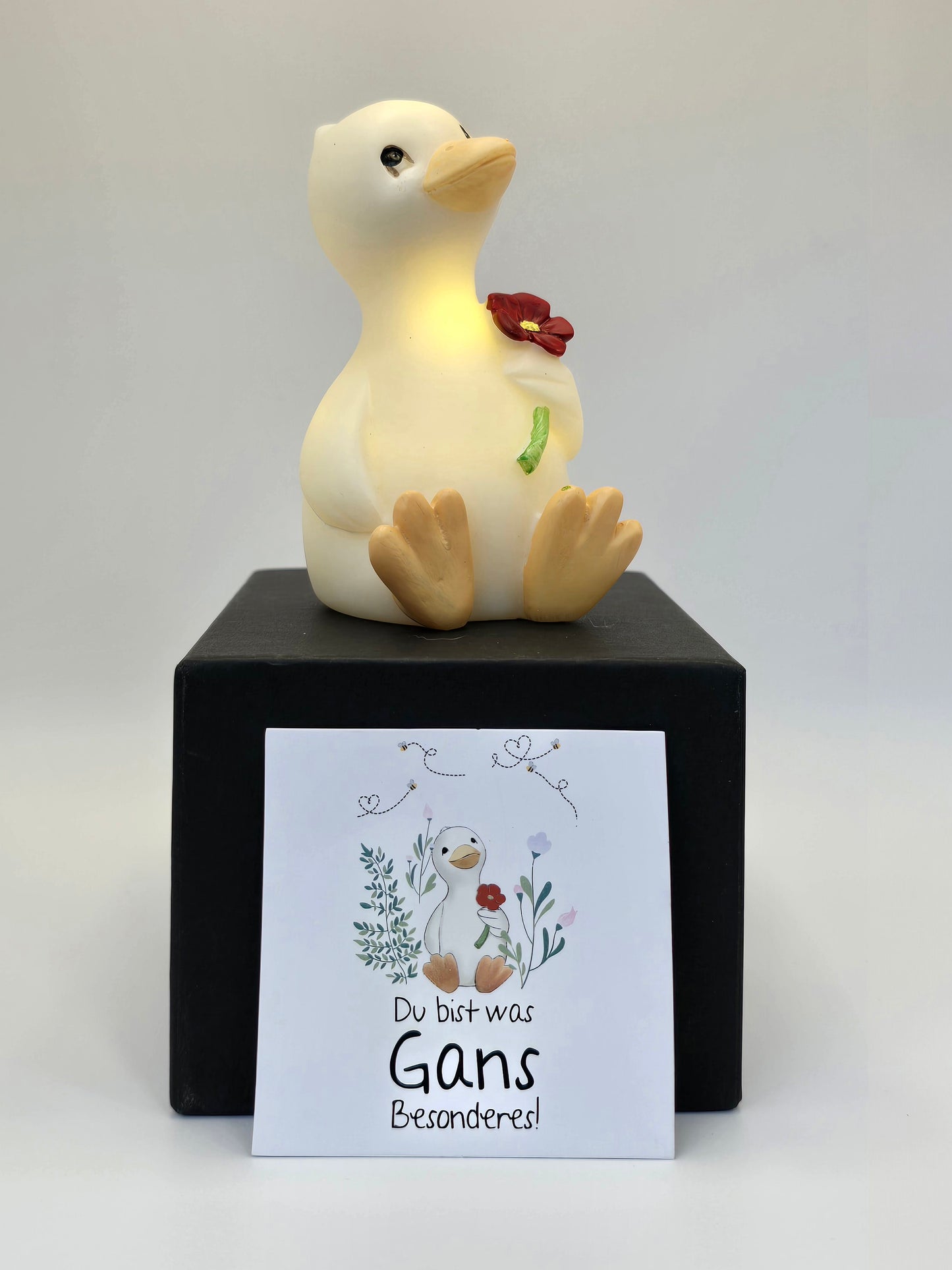Kleine Gans "Berta" mit LED mit Grußkarte in Geschenkbox